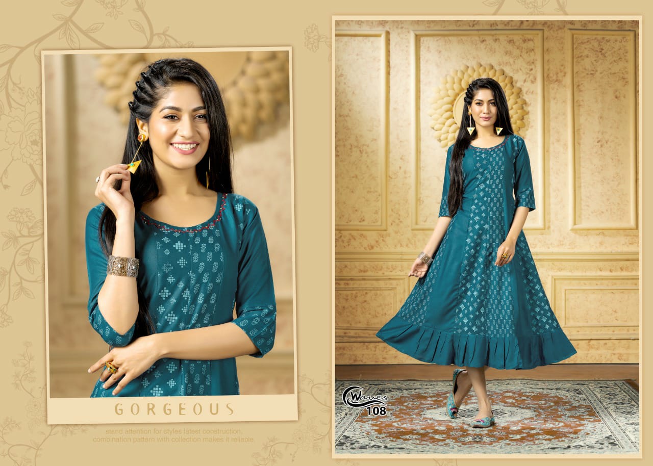 Kinti Waves Rayon Printed Ethnic Wear Designer Latest Anarkali Kurti Collection